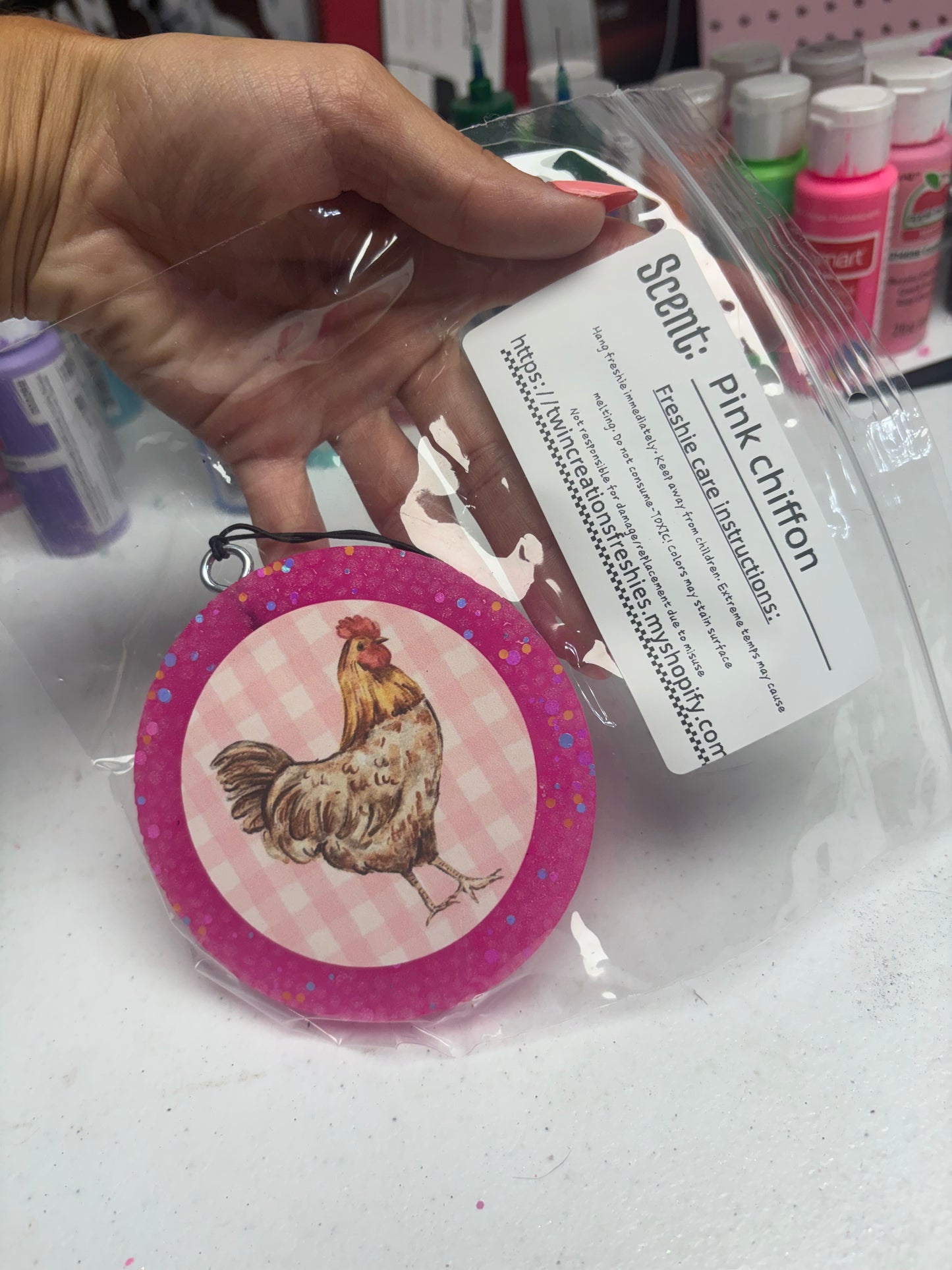 Gingham chicken in pink chiffon